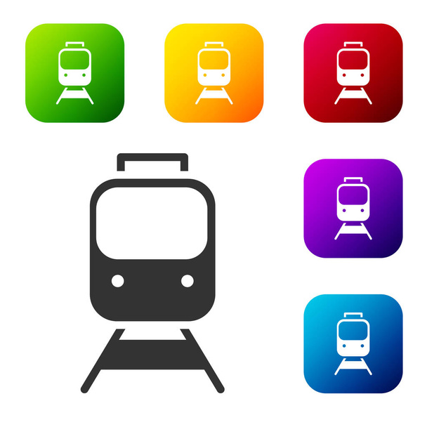 Zwarte trein en spoorweg pictogram geïsoleerd op witte achtergrond. Openbaar vervoer symbool. Metro trein vervoer. Metro ondergronds. Stel pictogrammen in kleur vierkante knoppen. Vector. - Vector, afbeelding
