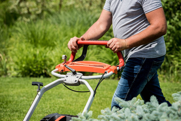 Gardener mowing the lawn. Landscape design. Green grass background - Fotó, kép