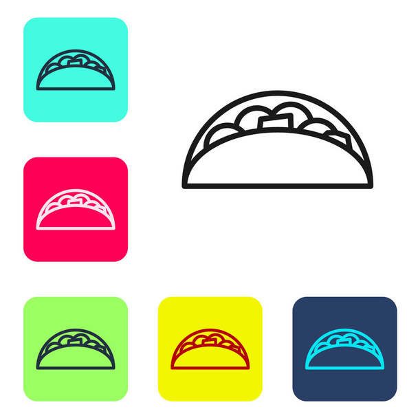 Beyaz zemin üzerinde tortilla simgesi olan siyah çizgi Taco. Geleneksel Meksika fast food menüsü. Renkli kare düğmelerle simgeleri ayarla. Vektör. - Vektör, Görsel