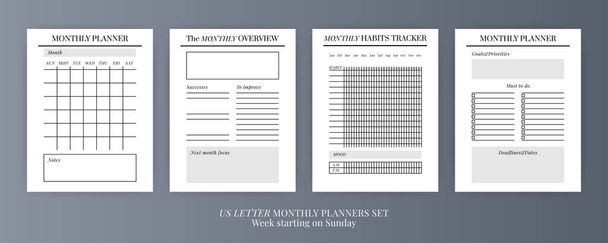 US Letter Vector Planner templates set. Blank vertical notebook page. Business organizer.Calendar daily, weekly, monthly, yearly, habit tracker, project, notes, goals. Week starts on Sunday - Vektör, Görsel