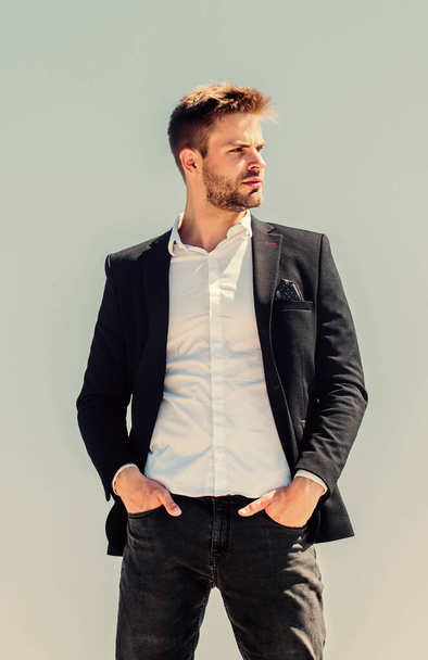 looking on future success. success concept. formal male fashion. modern lifestyle. Bearded guy business style. sexy macho man. male grooming. confident businessman. Handsome man fashion model - Foto, Imagem