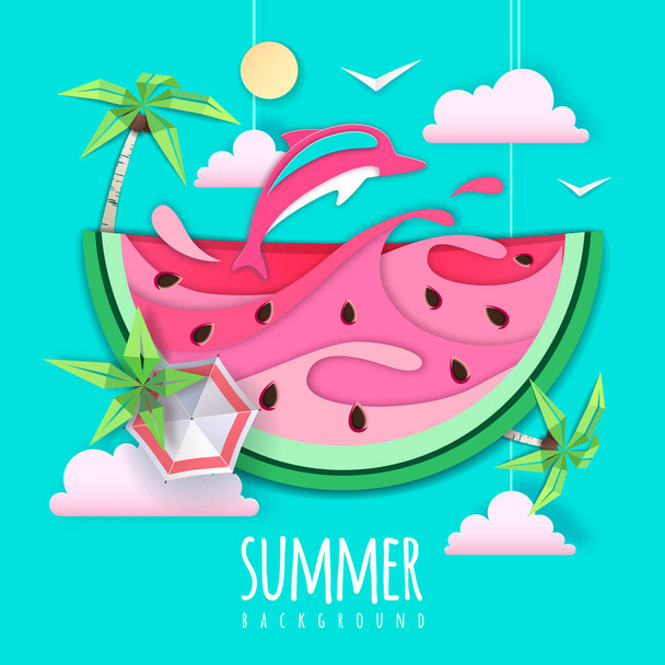 Slice of watermelon with sea or osean landscape and dolphin inside. Summer beach background. Cut out paper art style design. Origami - Вектор,изображение