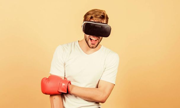 Sport is our life. modern gadget. Training boxing game. vr boxing. future innovation. man in VR glasses. Futuristic gaming. boxing in virtual reality. Digital sport success. man use new technology - Photo, Image
