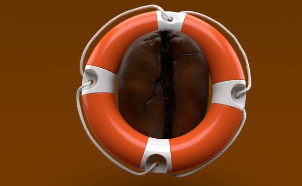 Coffee seed inside life buoy isolated on brown background. 3d illustration - Photo, Image
