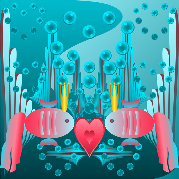 Karten-Valentinstag. Roter Fisch in der Krone mit Herz - Vektor, Bild