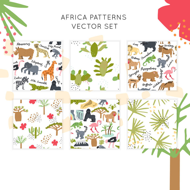 African safari seamless patterns vector set. Hand drawn elements in paper-cut style. Nature inspired simple geometry shapes. Endless background. - Vector, Image
