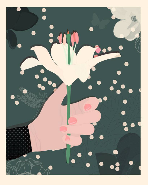 Card with a hand holding a lilium in a Grey background. - Foto, afbeelding