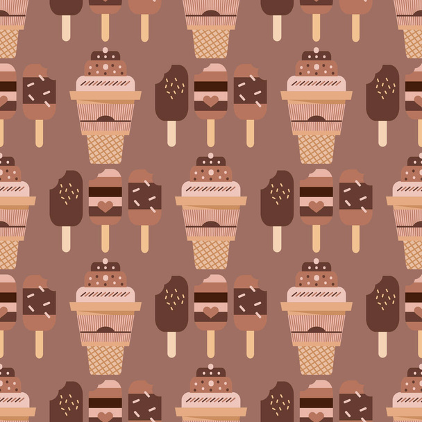 Seamless pattern with  ice cream,  waffle, sweet cupcakes, pies and tortes, chocolate ice cream and fruit muffins, desserts and pastry cakes. Vector illustration in flat cartoon style. - Vektori, kuva