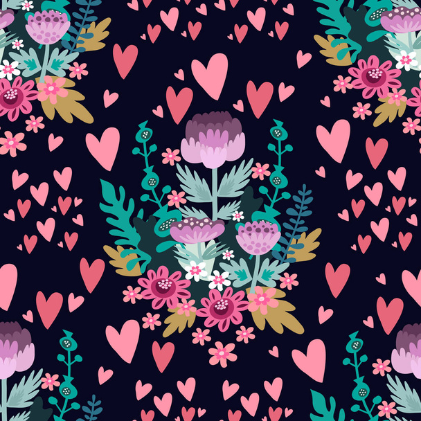 Beautiful  flower seamless pattern with  hearts  and  delicate art bouquets. Meadow  millefleurs .Floral background for textile, fabric,  wallpaper, pattern fills, covers, surface, print, wrap, scrapbooking - Vektori, kuva