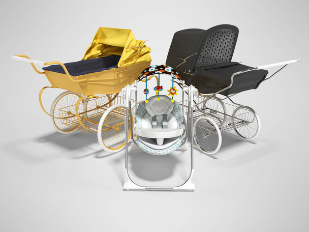 Concept de rendu 3d poussettes bébé jaune et noir pour enfant avec siège enfant sur fond gris avec ombre - Photo, image