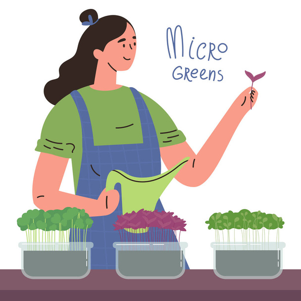 Happy girl with a microgreens boxes.Farming superfood at home for yourself.Woman with a watering can.Micro greens lettering.Vector cartoon illustration in flat style isolated on a white background. - Vector, Image
