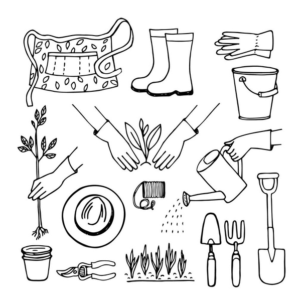 Un conjunto de elementos de jardinería dibujados a mano
. - Vector, Imagen