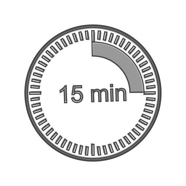 Kellokuvake, joka ilmaisee 15 minuutin aikavälin. Viisitoista minuuttia aikaa kellon sarjakuva tyyli valkoinen eristetty tausta. Kerrokset ryhmitelty helppo editointi kuva. Suunnitteluasi varten. - Vektori, kuva