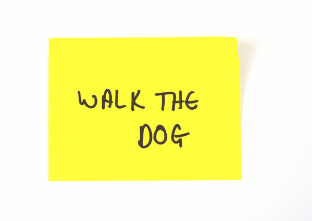 'wandelen de hond' geschreven op een gele kleverige nota - Foto, afbeelding