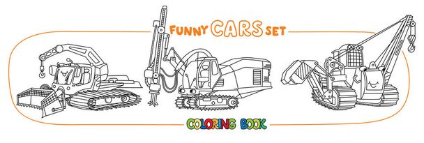 Carros pequenos engraçados com olhos. Conjunto de livros para colorir
 - Vetor, Imagem