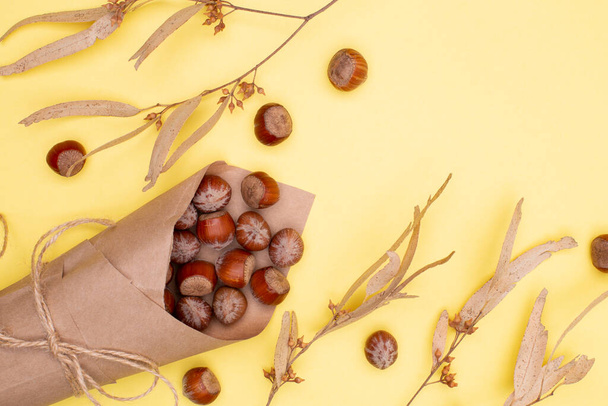Nocciole avvitare su uno sfondo giallo. Frutta a guscio avvolta in carta kraft e spago, foglie di eucalipto secche, posa piatta, spazio per fotocopie - Foto, immagini