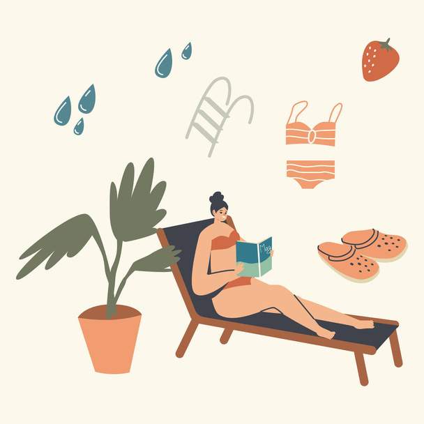 Nő bikiniben ül a fedélzeten szék a medencében vagy a strandon Olvassa el Érdekes könyv. Női karakter könyvmoly Töltsön időt a szabadban egzotikus Resort Élvezi olvasás Spare Time. Lineáris vektor illusztráció - Vektor, kép