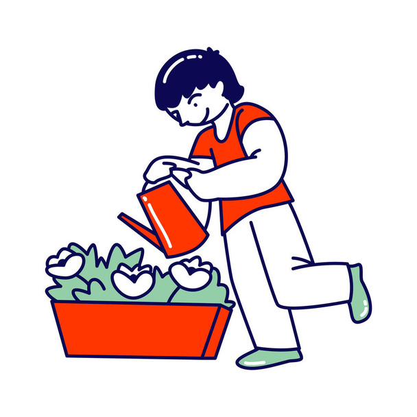 Pomocnik dziecka podlewania domu roślin w doniczce od podlewania puszki. Hobby ogrodnicze, Pielęgnacja postaci chłopca z kwiatów domowych w doniczce w domu lub szklarni Pomoc rodzicom, Obowiązki. Liniowa ilustracja wektora - Wektor, obraz