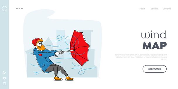 Tuulinen sää, voimakas puhaltava tuuli Laskeutuminen Sivun malli. Mies lämpimissä vaatteissa pitämässä rikkinäistä sateenvarjoa suojelemassa hurrikaanilta. Mieshahmo taistelee Ukkosmyrskyn kanssa. Lineaarinen vektorikuvaus - Vektori, kuva