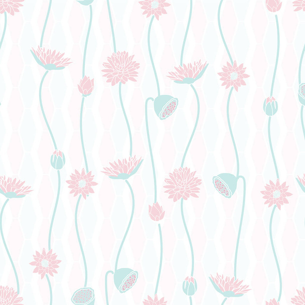 vector seamless pattern lotus flowers and leaf on light pink blue geometric background design - Vektör, Görsel