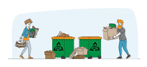 I personaggi trasportano pile di documenti di carta o carta straccia per gettare spazzatura nel cestino dei rifiuti. Tutela dell'ambiente, smaltimento rifiuti, riciclaggio e segregazione. Illustrazione vettoriale delle persone lineari - Vettoriali, immagini