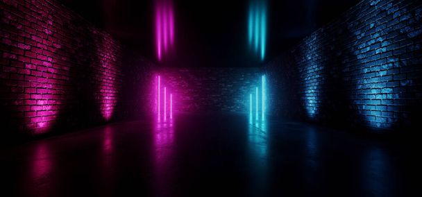 Neon Laser Lila Blau Retro Ziegelwände Grunge Beton Club Dance Show Nacht Garage Tiefgaragenraum Glühend Leere Bühnenperformance Hintergrund 3D Rendering Illustration - Foto, Bild