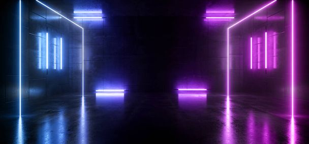 Laser Neon Retro Moderní Beton Grunge Garáž Podzemí Pozadí Led Studio Světla Žhnoucí Modrá Purpurová Prázdný Prostor Cyber Virtuální Synth Underground Realistické 3D vykreslování - Fotografie, Obrázek