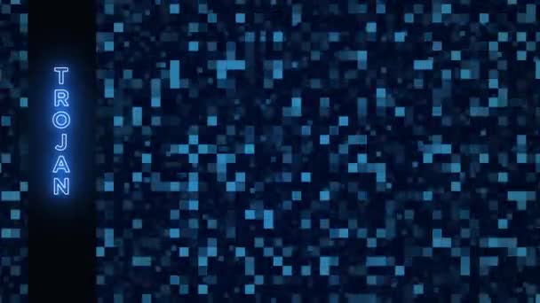 Trojan κείμενο κύλιση κατακόρυφα σε ανοιχτό μπλε ψηφιακή αφηρημένη οθόνη του πίνακα Pixel. Απρόσκοπτη looped animation 4K φόντο. - Πλάνα, βίντεο