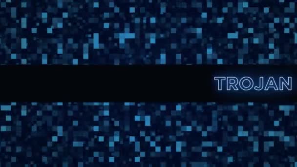 Trojan Tekst przewijania poziomo na jasnoniebieskim cyfrowym wyświetlaczu abstrakcyjnym pokładzie Pixel. Płynne pętli animacji 4K tle. - Materiał filmowy, wideo
