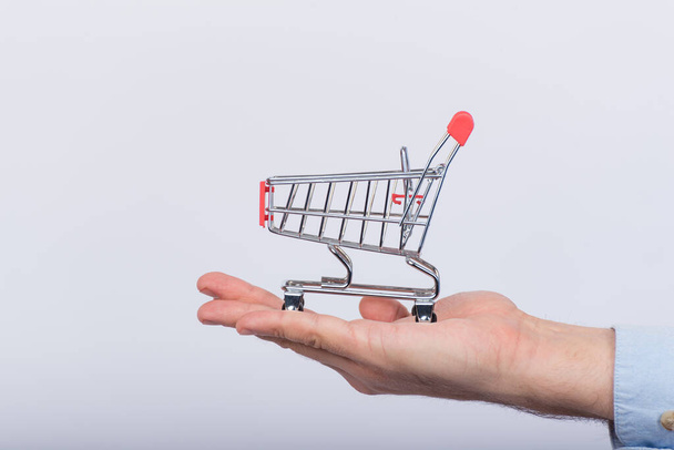 Small Shopping Cart on male palm, white background. Toy grocery cart. Side view. - Φωτογραφία, εικόνα