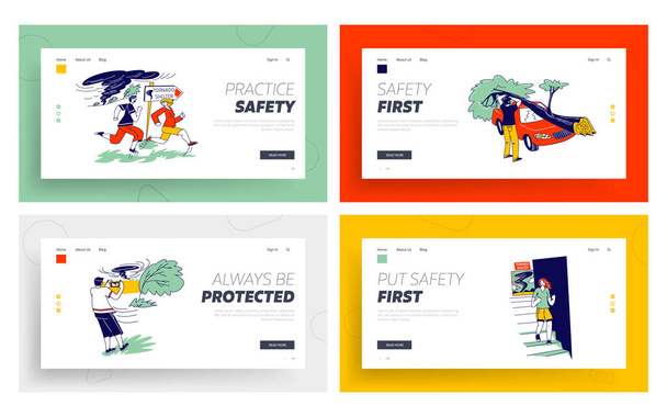 Characters Hiding from Tornado in Shelter Landing Page Template Set. Tree Fall on Car, Man Make Picture, Thunderstorm with Extremely Blow Wind, Meteorology Forecast. Linear People Vector Illustration - Vector, Image