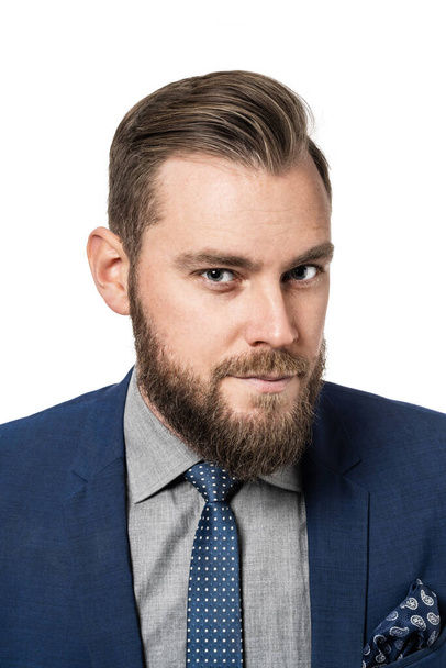 Portrait of an attractive Scandinavian man wearing a blue blazer, dotted tieand grey collared shirt looking sternly at the camera. - Foto, Bild