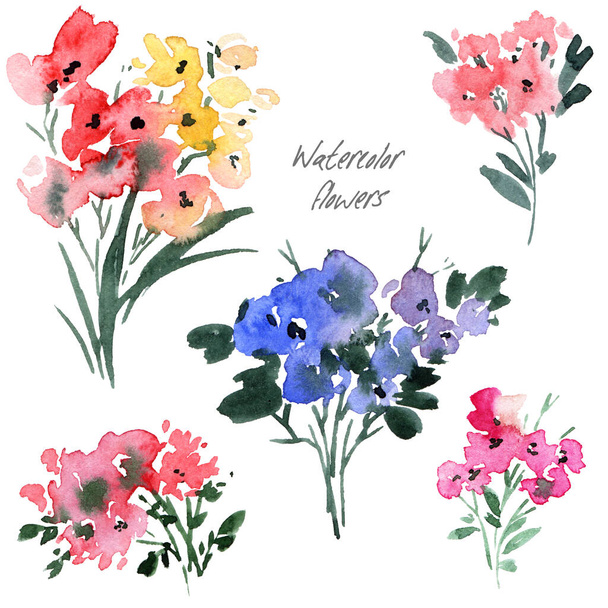 Watercolor floral arrangments with flowers, leaves and twigs. Artistic illustration. - Photo, image