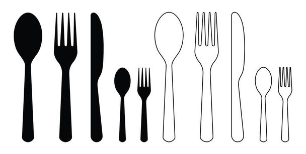 フォーク、ナイフ、スプーン。夕食のアイコン。刃物のシルエット。レストランでの食品のための銀食器のセット。Utensil -食事、食事、昼食の象徴。キッチンのグラフィック背景。黒い食器だ。ベクトル. - ベクター画像