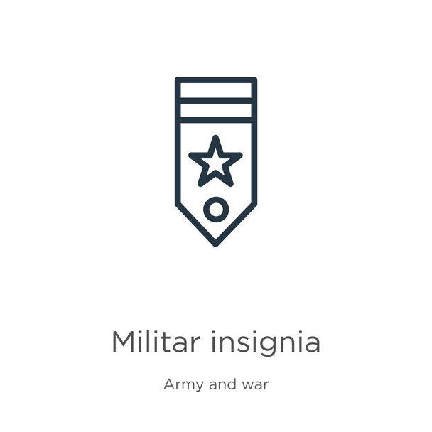 Знак "Милитар". Тонкая линейная милитаристская эмблема, выделенная на белом фоне из армейской и военной коллекции. Векторный знак, символ для веб и мобильных телефонов - Вектор,изображение