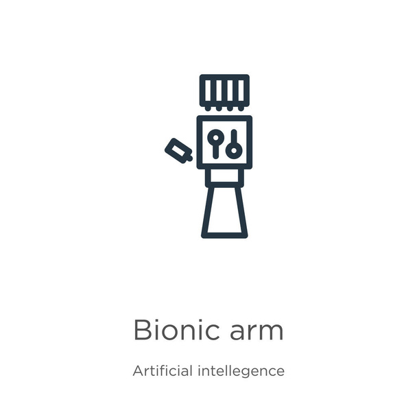 Bionická ikona paže. Tenká lineární bionická ikona obrysu ramene izolovaná na bílém pozadí z umělé intelektuálnosti a budoucí kolekce technologií. Čárový vektorový znak, symbol pro web a mobil - Vektor, obrázek