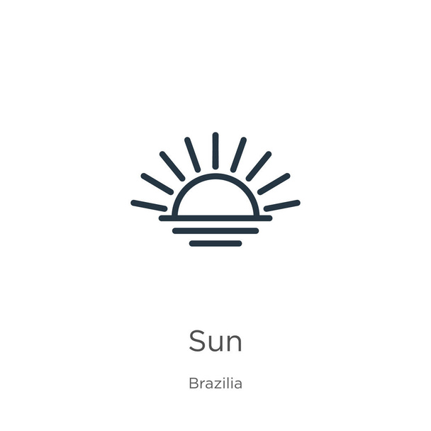 太陽のアイコン。ブラジリアコレクションから白い背景に孤立した細い線状の太陽アウトラインアイコン。ラインベクトル記号、ウェブとモバイル用の記号 - ベクター画像