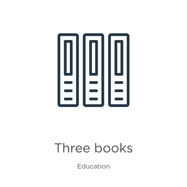 Τρεις εικόνες βιβλίων. Λεπτή γραμμική τρία βιβλία σκιαγραφούν εικόνα που απομονώνεται σε λευκό φόντο από την εκπαιδευτική συλλογή. Σύμβολο διάνυσμα γραμμής, σύμβολο για το διαδίκτυο και το κινητό - Διάνυσμα, εικόνα