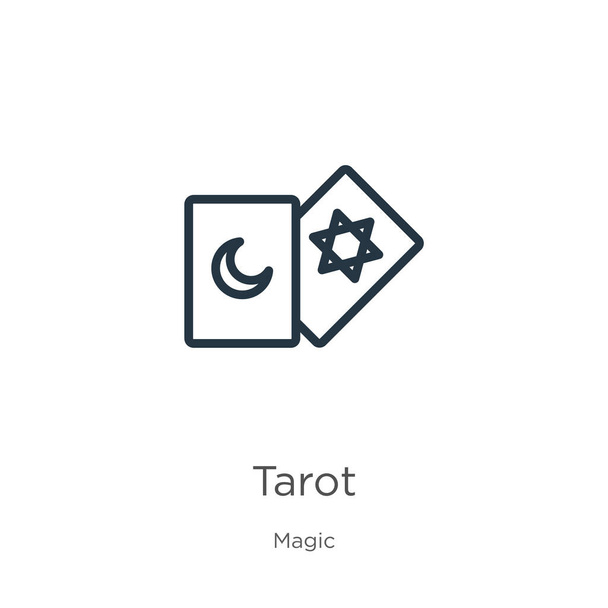 Ikona tarotu. Tenký lineární tarot obrys ikony izolované na bílém pozadí z magické sbírky. Čárový vektorový znak, symbol pro web a mobil - Vektor, obrázek