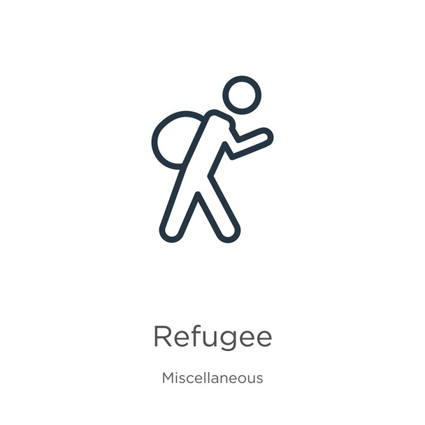難民アイコン。白地に孤立した細い線状難民の輪郭アイコンが雑多なコレクションから。ラインベクトル記号、ウェブとモバイル用の記号 - ベクター画像