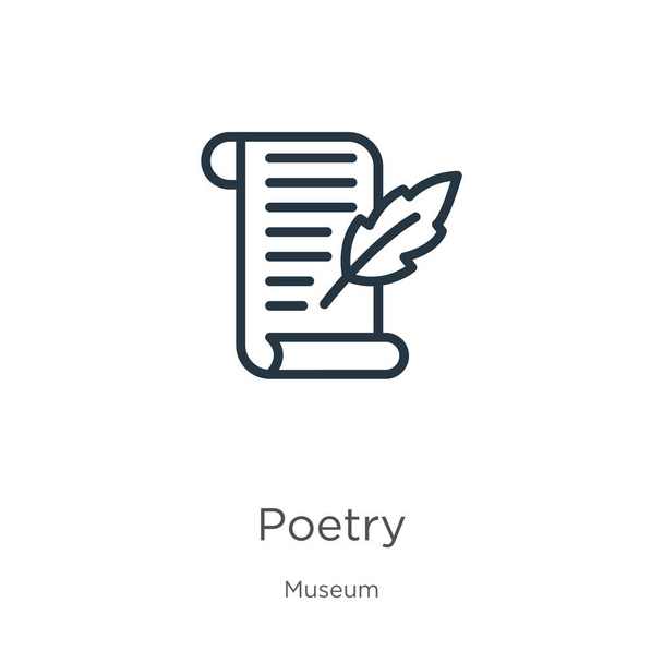 Піктограма поезії. Тонка лінійна поезія окреслює ікону ізольовану на білому тлі з колекції музею. Лінійний векторний знак, символ для веб та мобільних пристроїв
 - Вектор, зображення