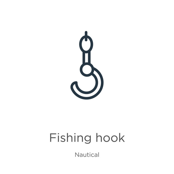 釣り針のアイコン。薄い線形釣り針の輪郭アイコンは、航海コレクションから白い背景に隔離されています。ラインベクトル記号、ウェブとモバイル用の記号 - ベクター画像