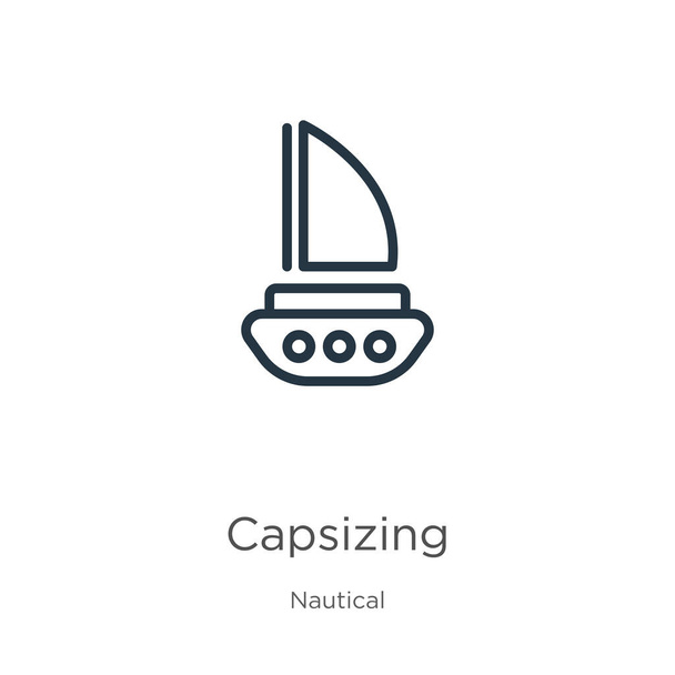 Capsizing icoon. Dunne lineaire capsizing outline icoon geïsoleerd op witte achtergrond uit nautische collectie. Line vector teken, symbool voor web en mobiel - Vector, afbeelding