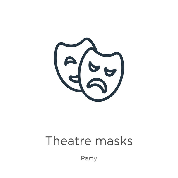 Tiyatro maskesi ikonu. İnce doğrusal tiyatro maskeleri parti koleksiyonundan beyaz arka planda izole edilmiş bir ikon. Çizgi vektör işareti, ağ ve mobil sembolü - Vektör, Görsel