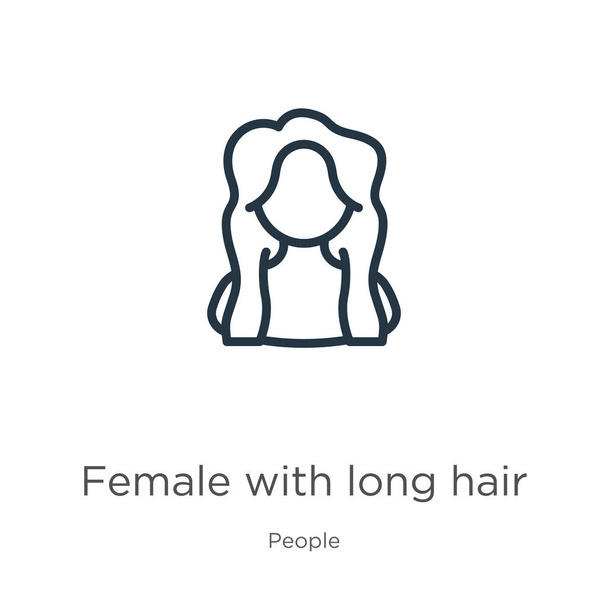Nainen, jolla on pitkät hiukset. Ohut lineaarinen naaras pitkät hiukset ääriviivat kuvaketta eristetty valkoisella taustalla ihmisten kokoelma. Line vektori merkki, symboli web ja mobiili - Vektori, kuva