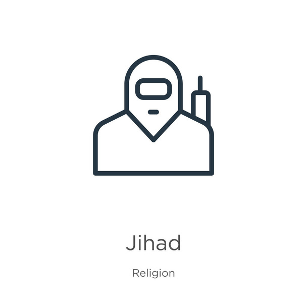 Icono Jihad. Icono delgada línea de la yihad lineal aislado sobre fondo blanco de la colección de la religión. Signo de vector de línea, símbolo para web y móvil - Vector, imagen