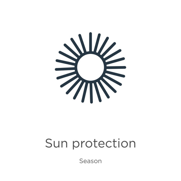 太陽保護アイコン。薄い線形太陽保護アウトラインアイコンは、季節のコレクションから白い背景に隔離されています。ラインベクトル記号、ウェブとモバイル用の記号 - ベクター画像