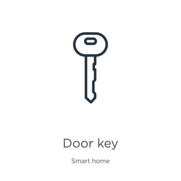Deur sleutel icoon. Dunne lineaire deur key outline icoon geïsoleerd op witte achtergrond uit smart home collectie. Line vector teken, symbool voor web en mobiel - Vector, afbeelding