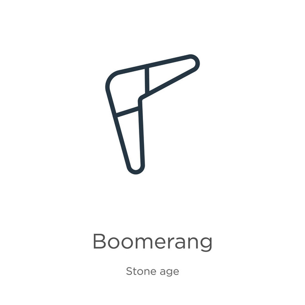 Icona di Boomerang. Sottile boomerang lineare icona contorno isolato su sfondo bianco dalla collezione età della pietra. Segno vettoriale di linea, simbolo per web e mobile - Vettoriali, immagini