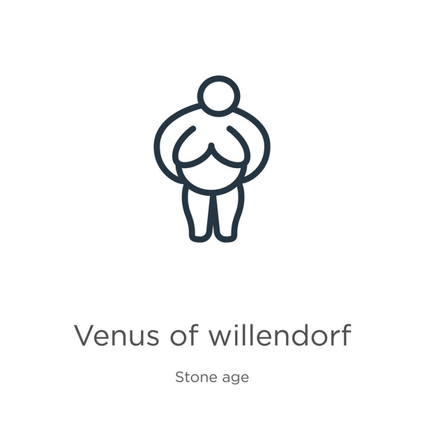 Венера иконы Уиллендорфа. Тонкая линейная венера иконки Уиллендорфа выделена на белом фоне из коллекции каменного века. Векторный знак, символ для веб и мобильных телефонов - Вектор,изображение